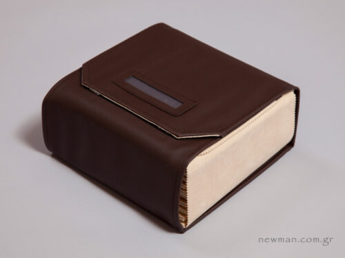 Brown pleather with internal ivory suede boards