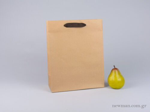 Kraft paper bag with herringbone ribbon handle in brown 26x12x33cm