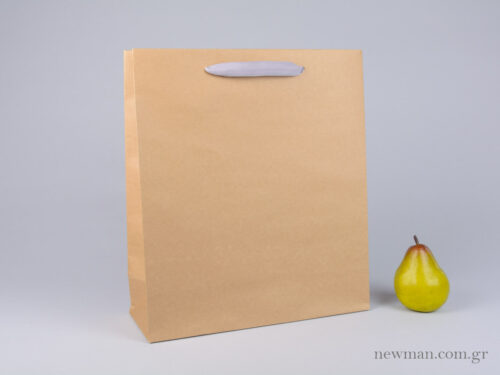 Kraft paper bag with herringbone ribbon handle in gray 34x13x39cm