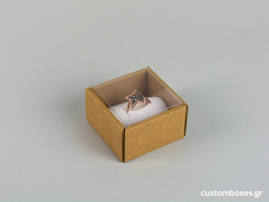 Οικολογικό κουτί kraft με διάφανο καπάκι και άσπρη βελούδινη βάση μεγάλο δαχτυλίδι