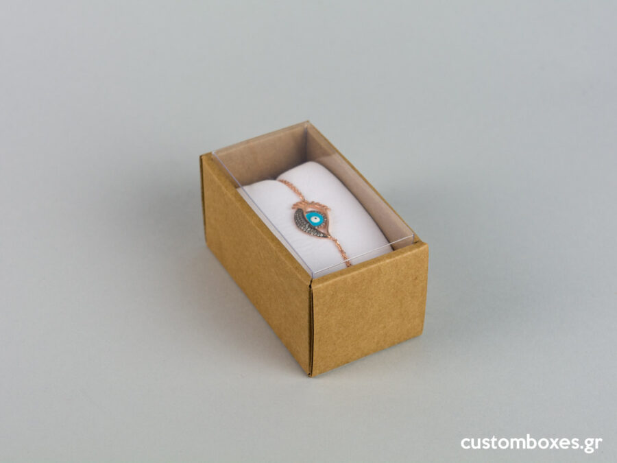 Eco-friendly jewellery box for bracelets with white velvet insert and transparent lid.