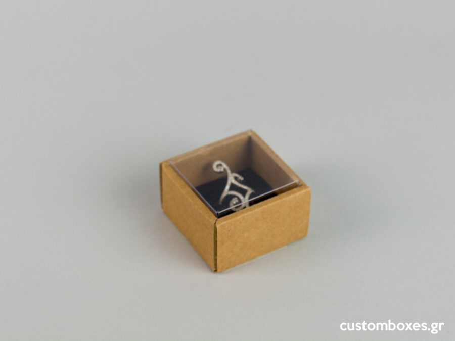 Οικολογικό κουτί kraft με διάφανο καπάκι και μαύρη βελούδινη βάση μικρό δαχτυλίδι