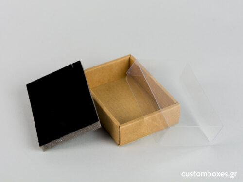 Eco-friendly jewellery box No5 with black velvet insert and transparent lids for pendants.