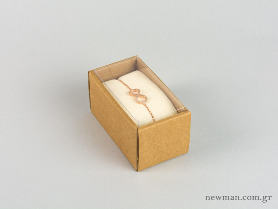 Eco-friendly jewellery box for bracelets with ecru velvet insert and transparent lid.