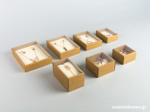 Eco-friendly jewellery boxes with ivory velvet inserts and transparent lids available in 7 sizes.