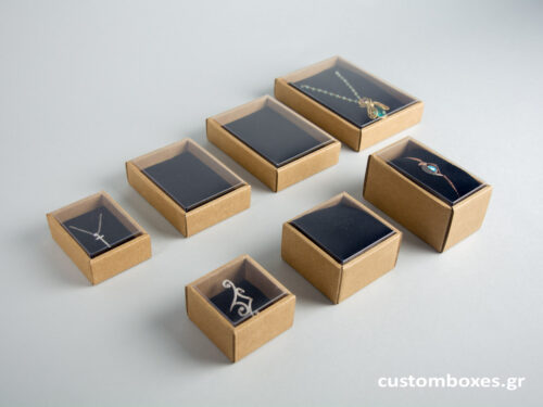 Eco-friendly jewellery boxes with black velvet inserts and transparent lids available in 7 sizes.