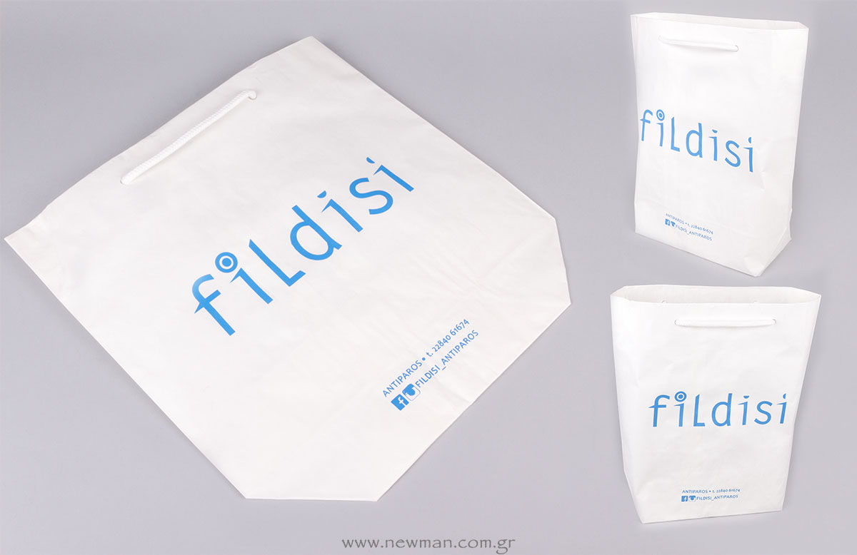 Χάρτινη τσάντα cuba λευκή με εκτύπωση γαλάζιο χρώμα με τεχνική μεταξοτυπίας