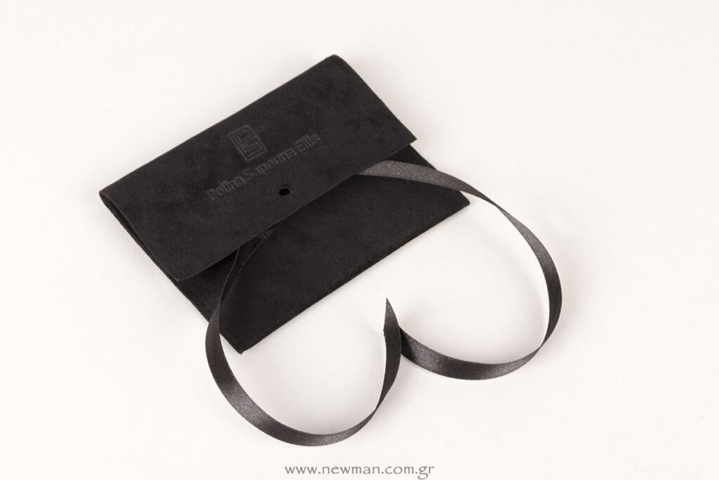 Black suede pouches with black satin ribbon and logo