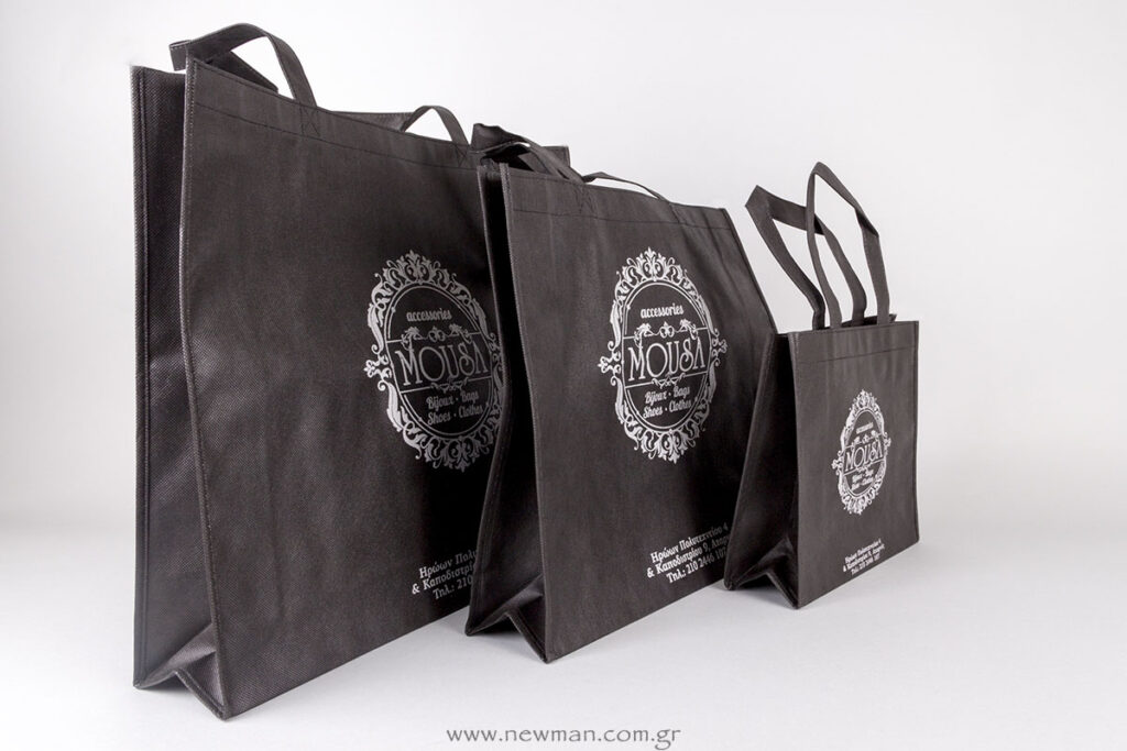 Mousa black non-woven bags with white print