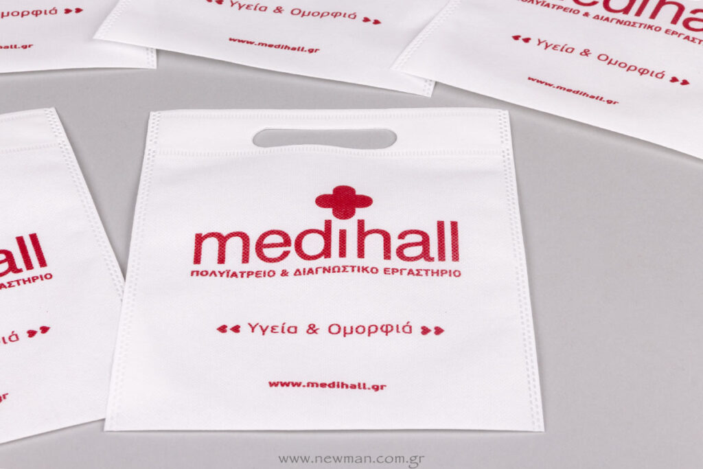 Non Woven white bags with red logo printed