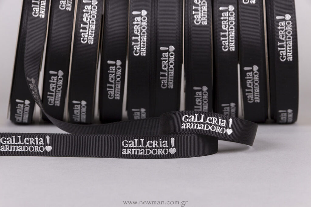 Galleria Armadoro! silver embossed silk-screen printing on black ribbons