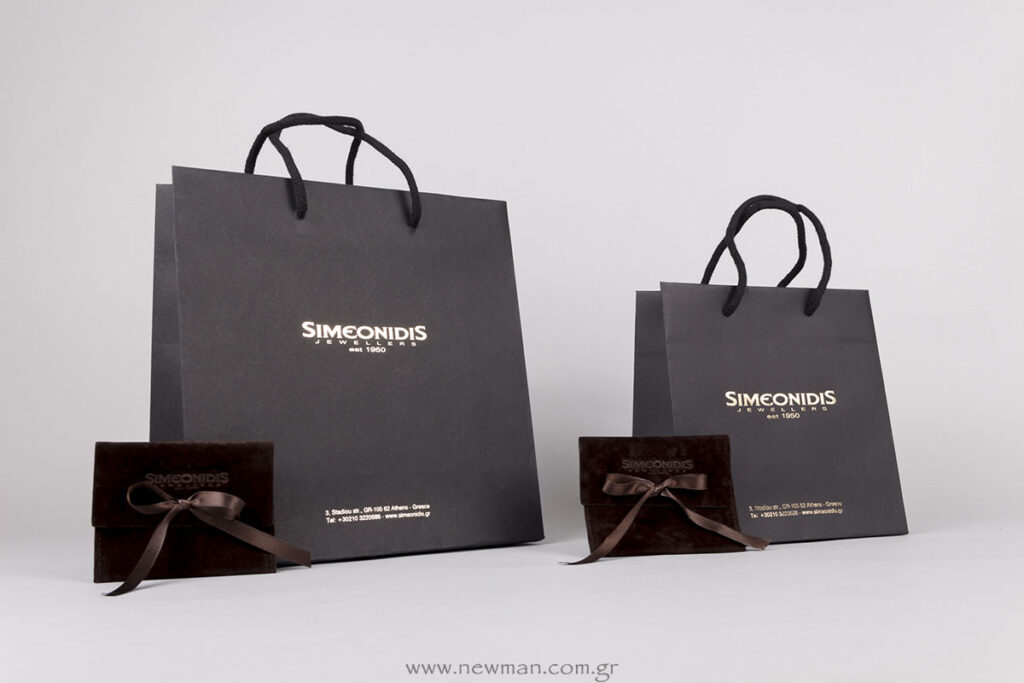 Simeonidis gold logo on bags & debossed logo on pouches