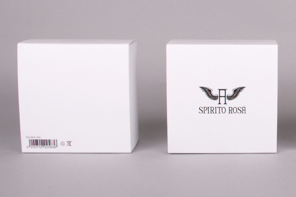 Drawer box in white with the Spirito Rosa logo.