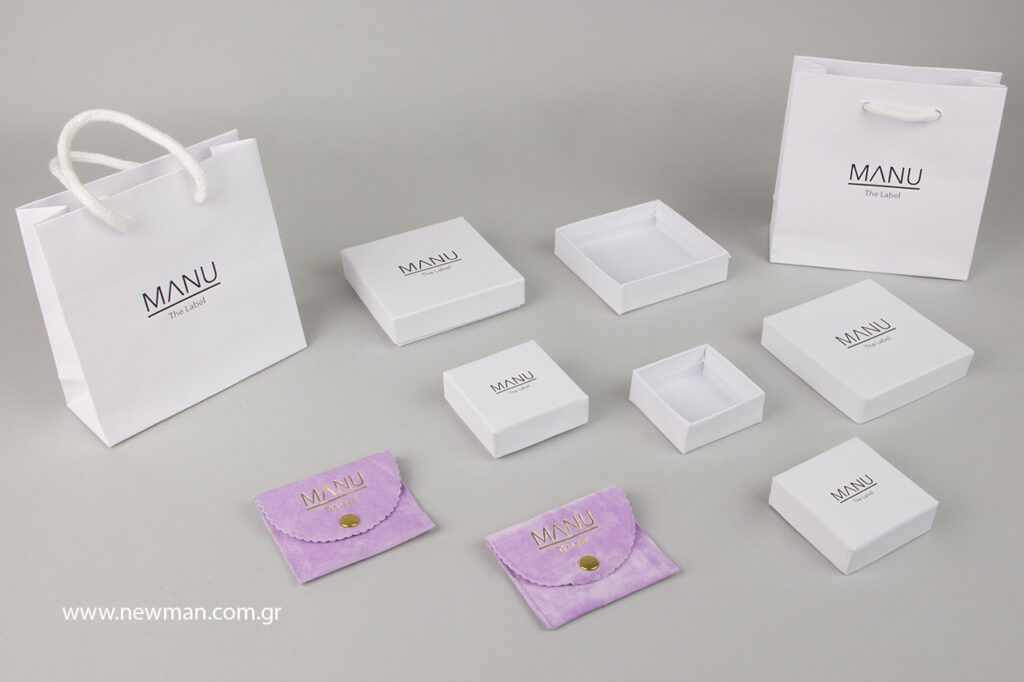 MANU The Label: Jewellery packaging products with printed logo.