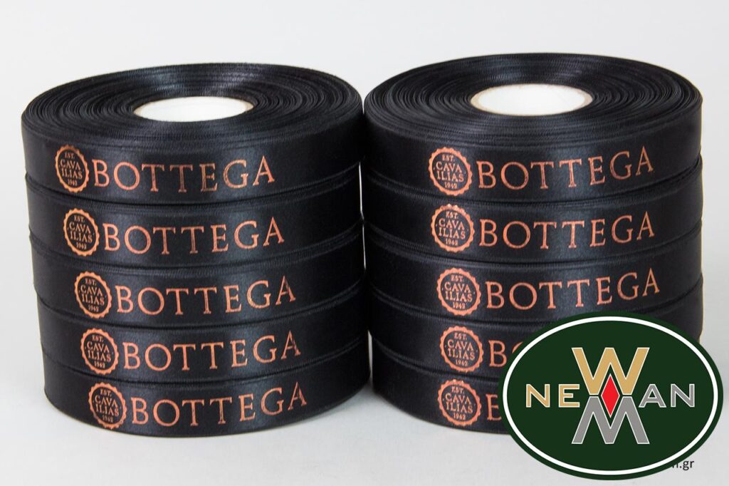 Bottega: Satin ribbons with printed logo for wine cellar.