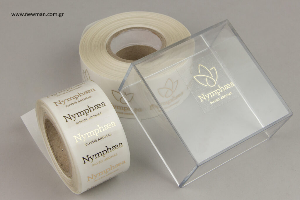 Transparent branded labels with printing.