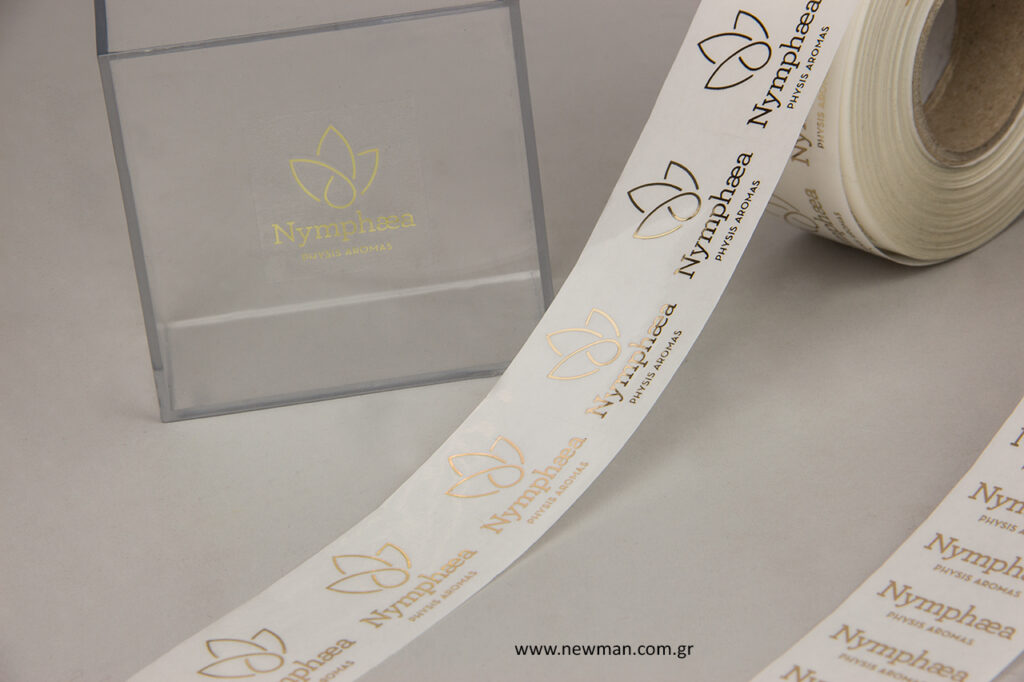 Gold hot foil packaging adhesive labels.
