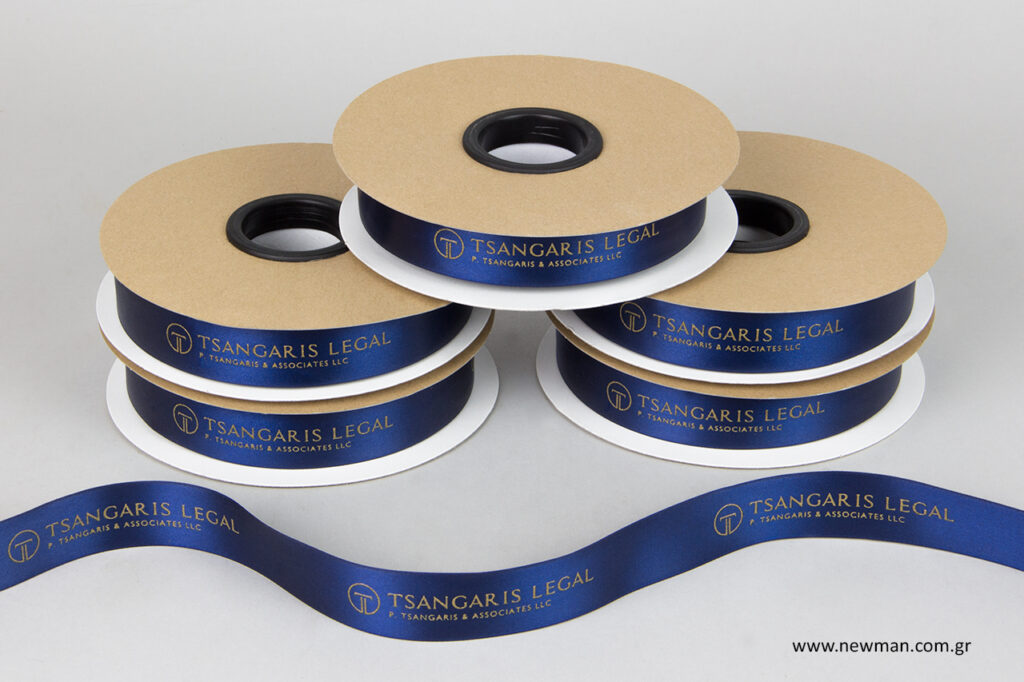 Royal blue packaging ribbons with brand name.