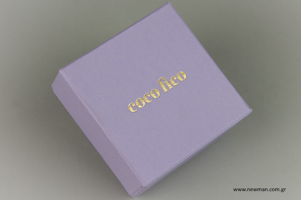 Lilac branded boxes with print.