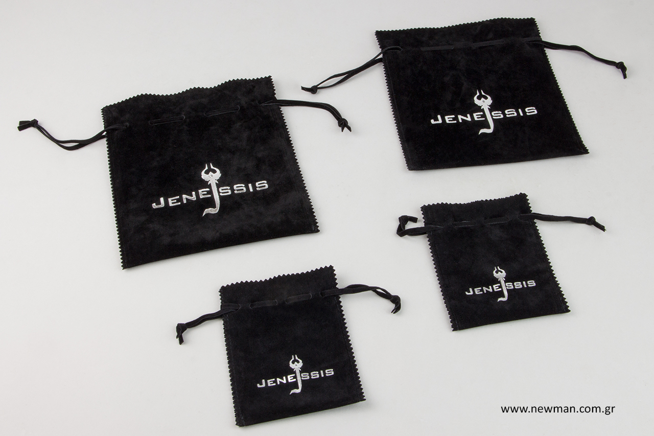 These drawstring pouches are silver hot-foil printed.