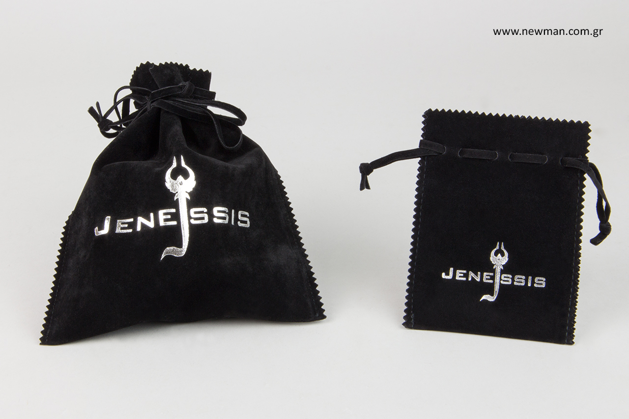 Suede jewellery pouches with printing.