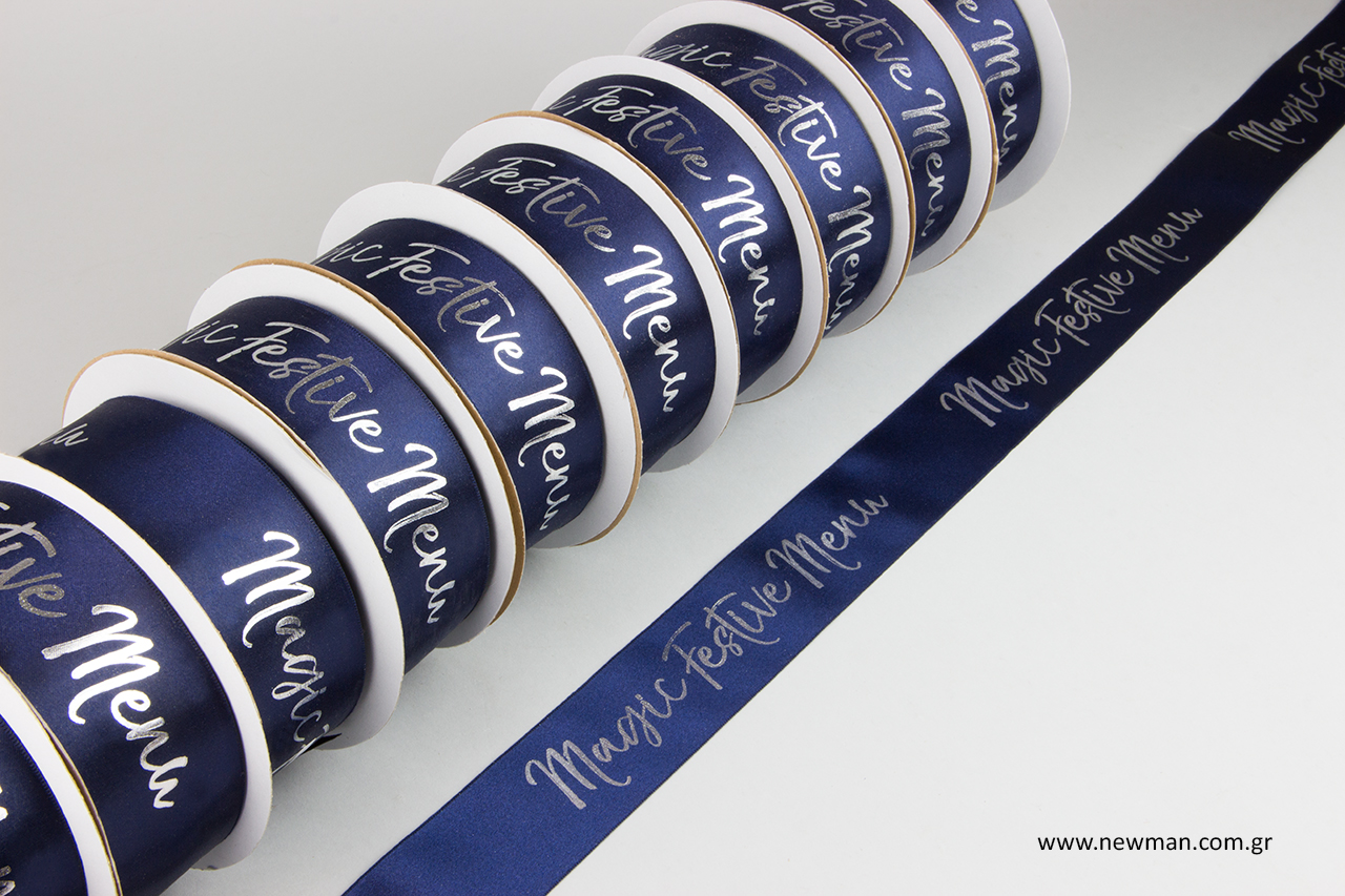 Printed satin ribbons with the silver hot-foil printing technique.