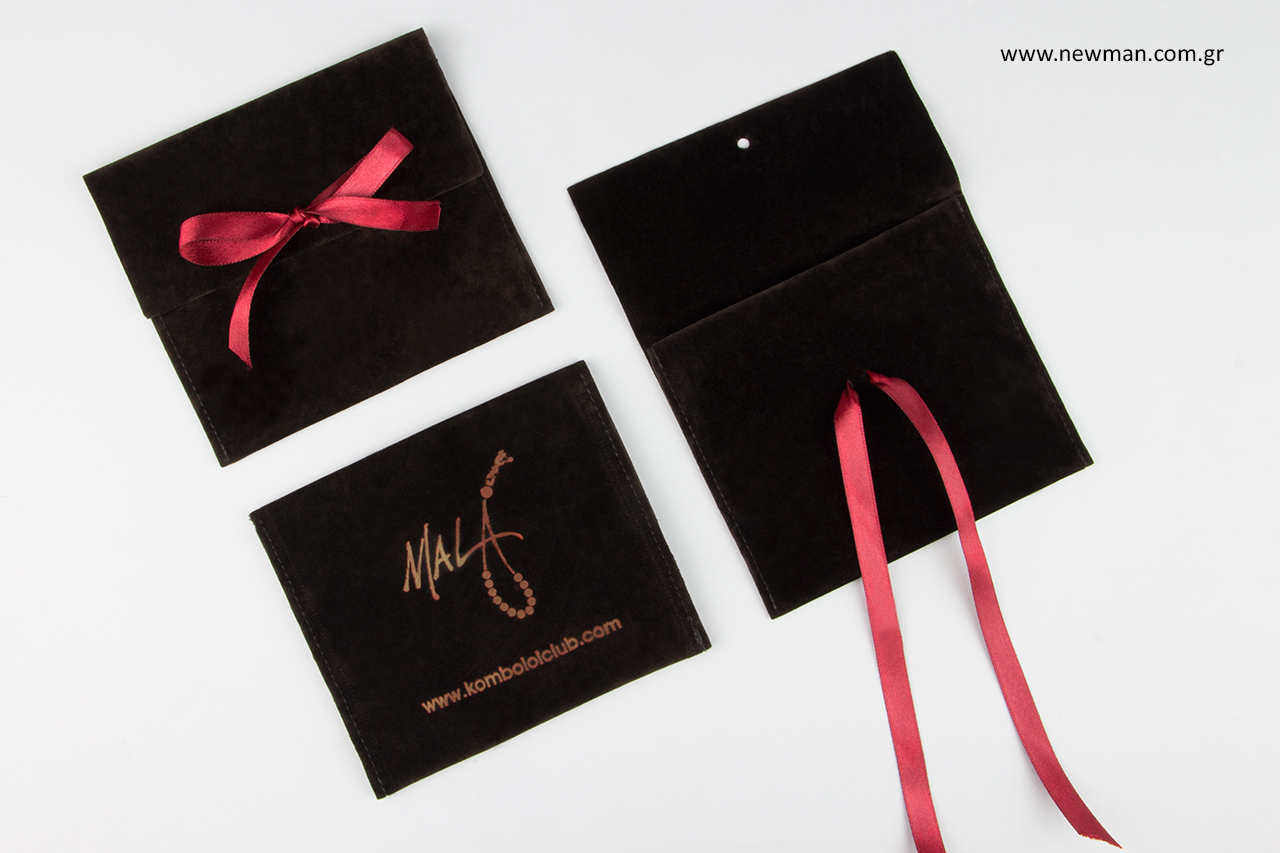Suede packaging pouches with printing.