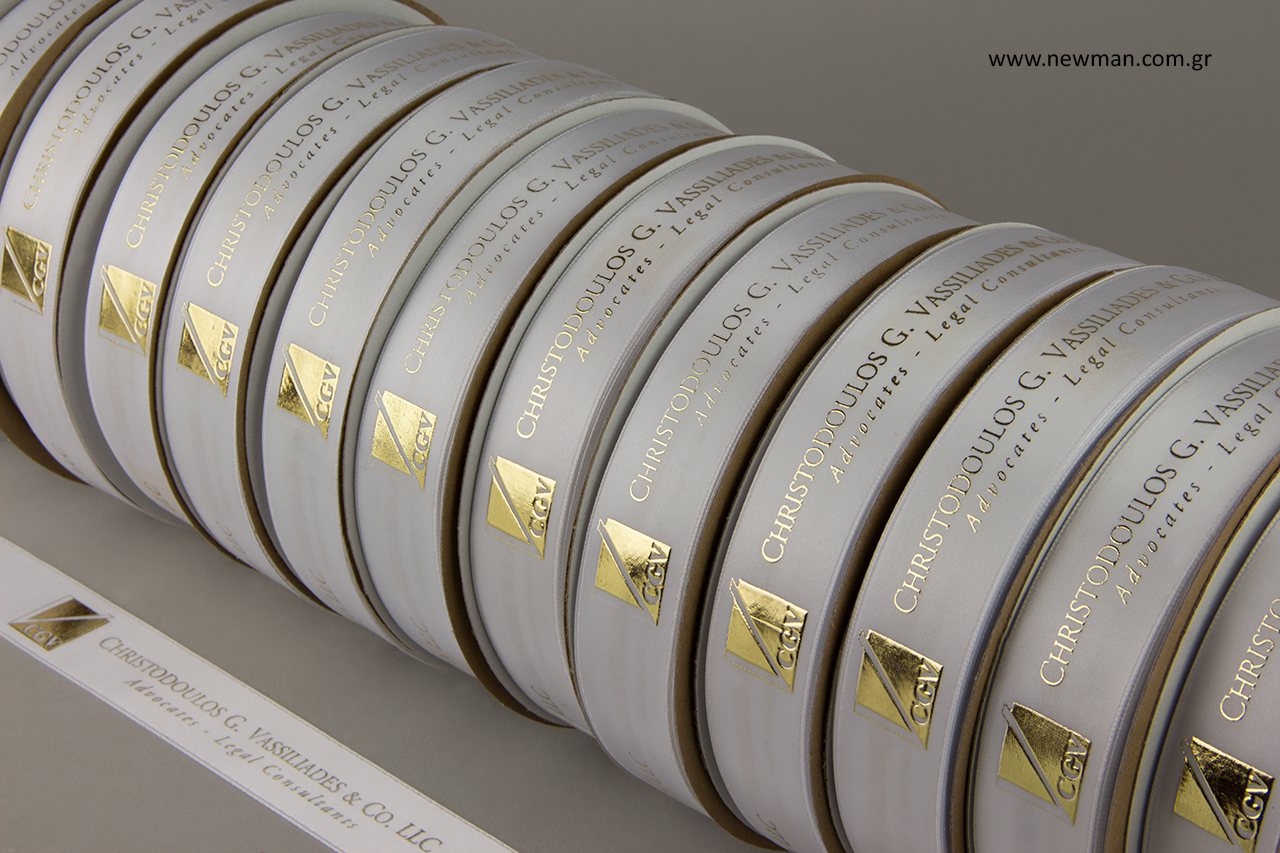Embossed silk-screen printing on ribbons for law firms.
