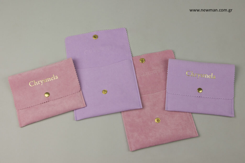 Chrysmela: Printed suede packaging pouches.