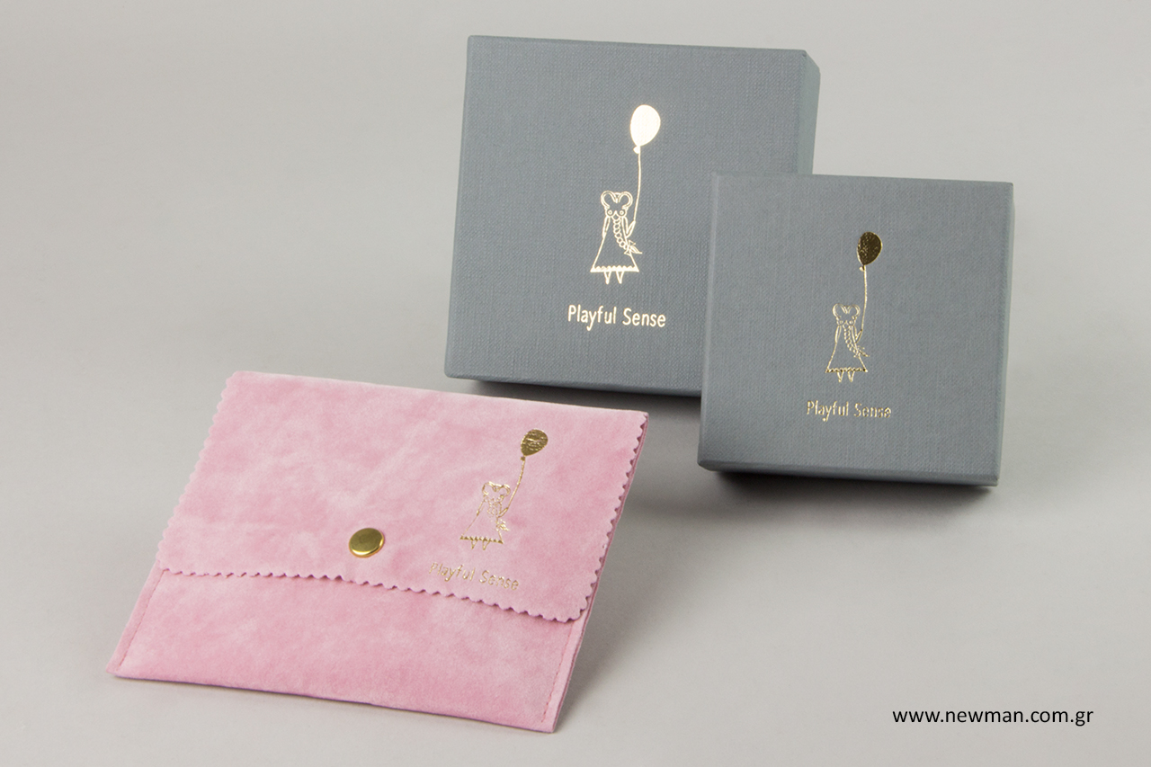 Gold hot-foil printed jewellery boxes and pouches.
