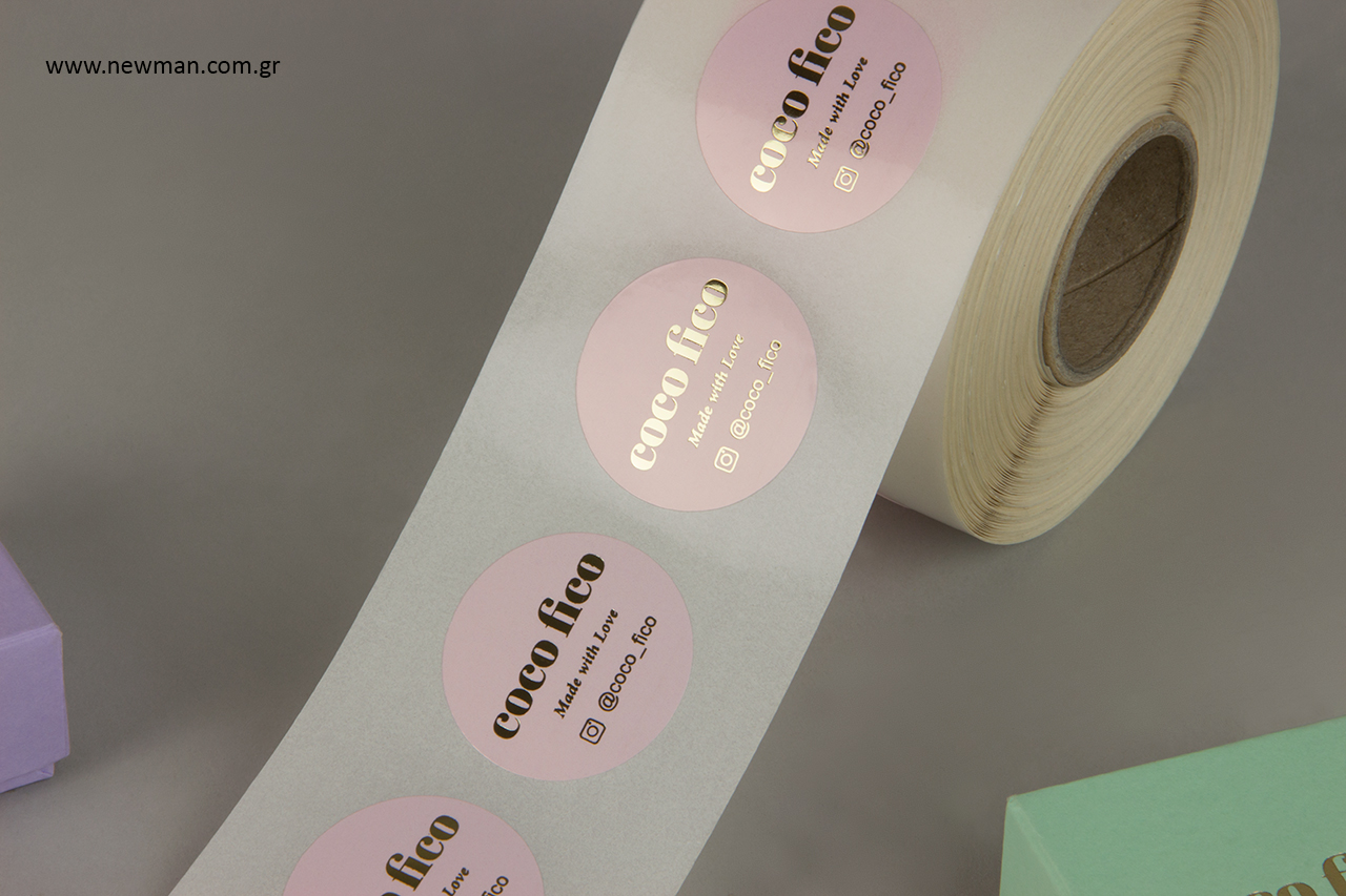 Gold hot-foil printing on sticky labels.