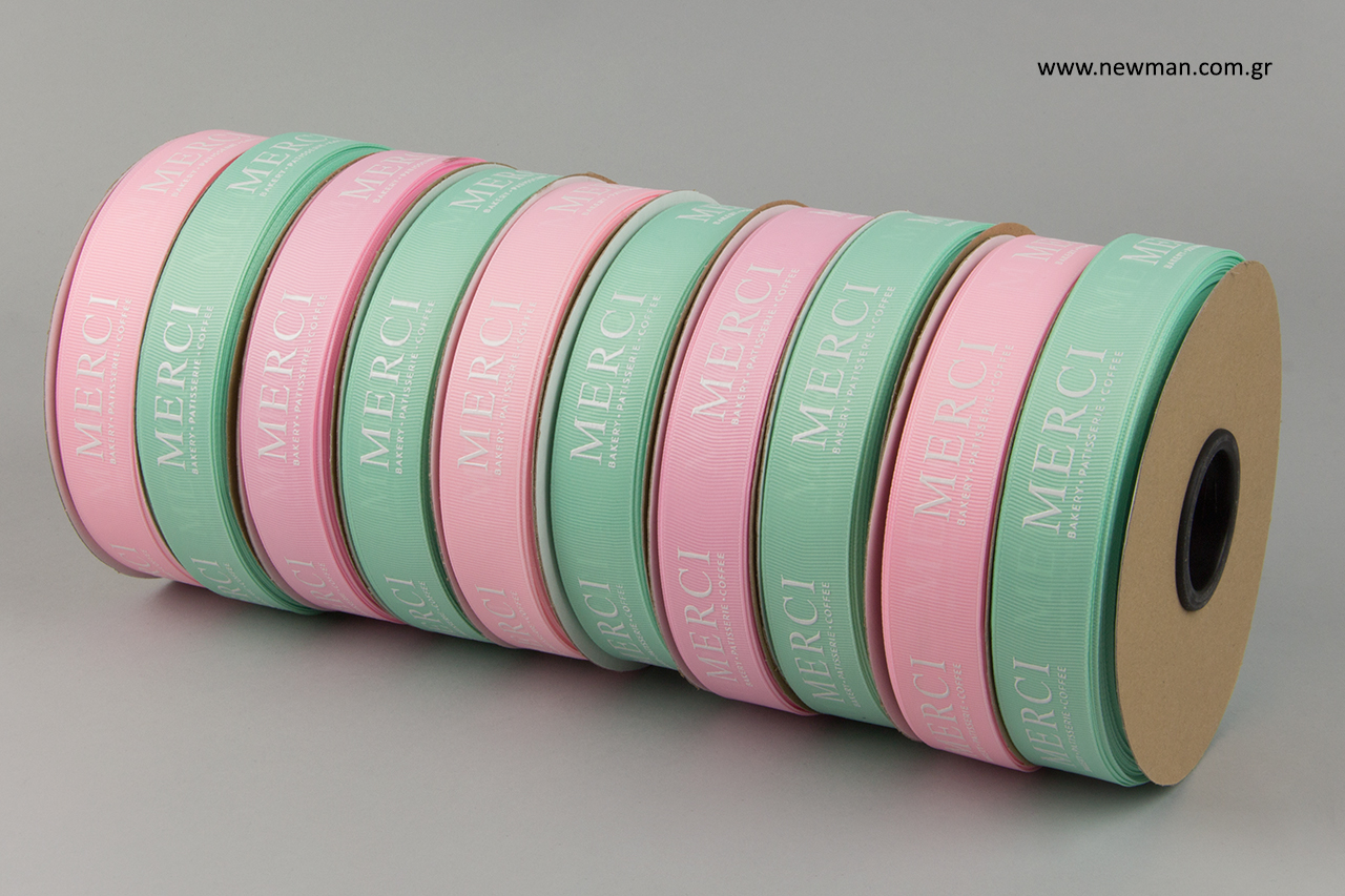 Bright green and light pink ribbons with logo printing.