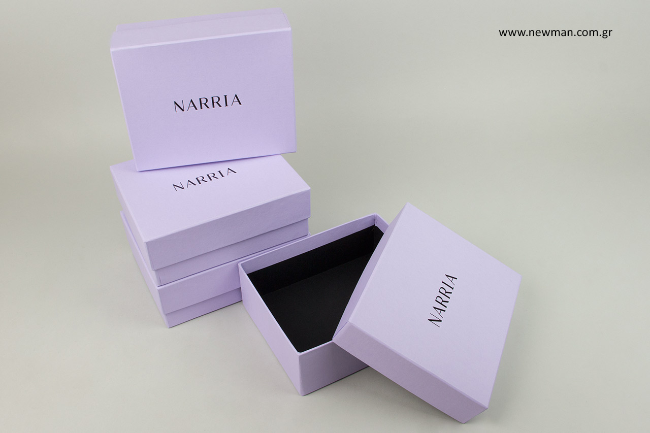 Colorful paper boxes with brand name.