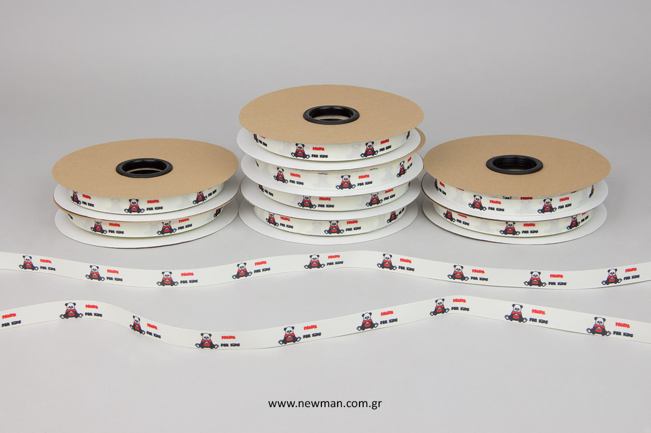 Ecru ribbons with black and red digital printing.