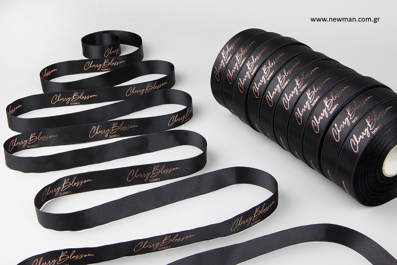 Printed satin ribbons with rose gold color.