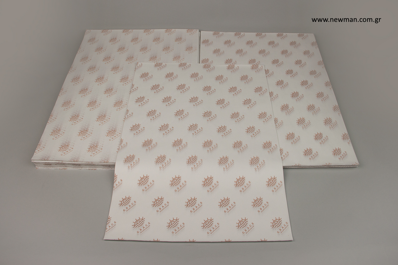 Flexographic printing on branded tissue paper.