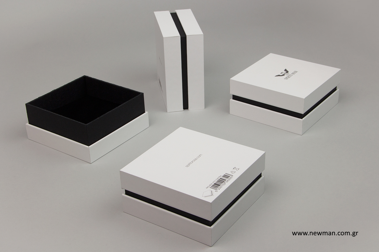 Corporate name on custom-made paper boxes.