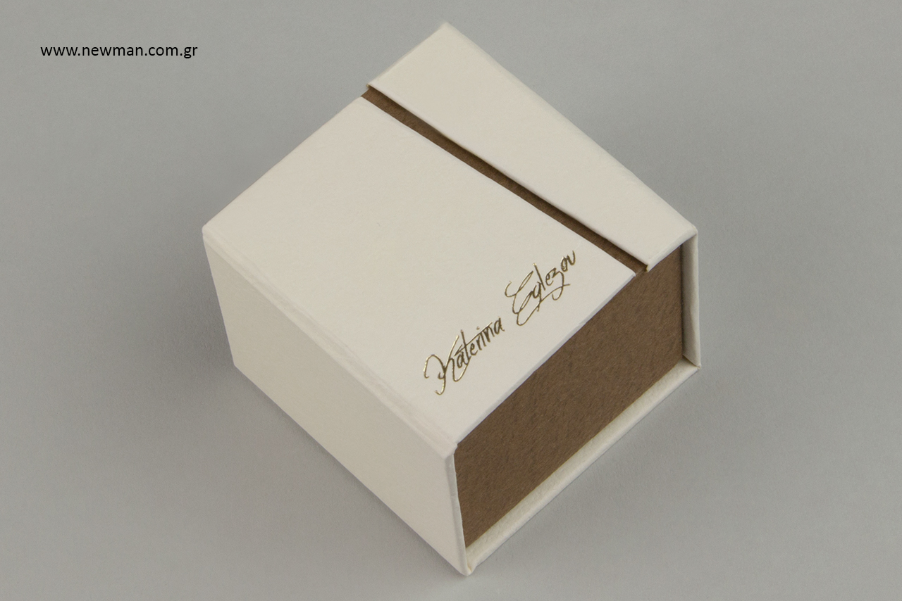 Gold hot-foil printing on BJ jewellery boxes.