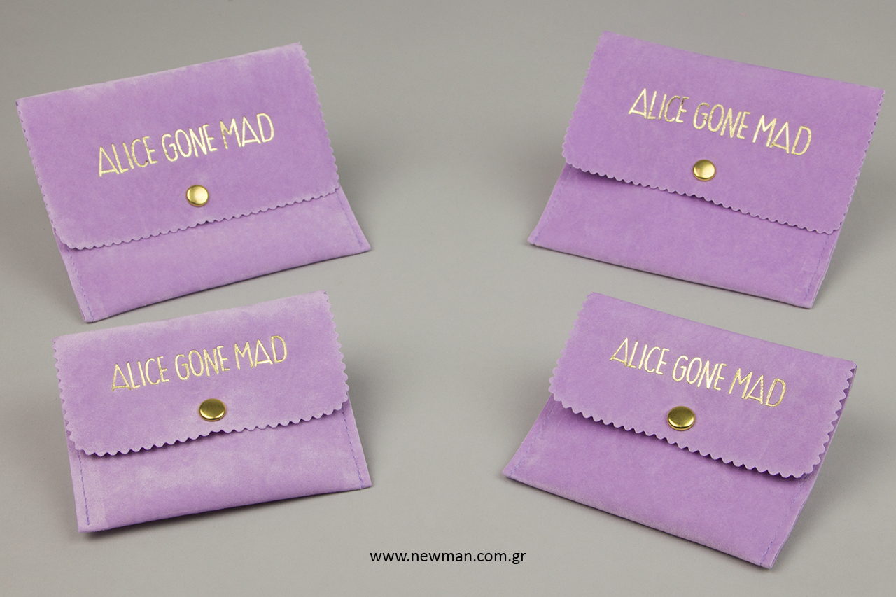 Logo print on jewellery packaging pouches.