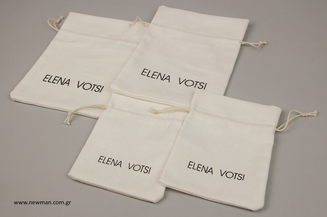 Cotton drawstring pouches for Elena Votsi brand.