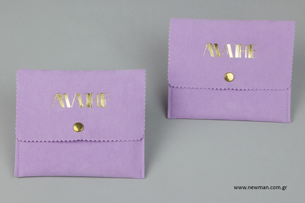 Pocket-shaped pouch with button and printed logo.
