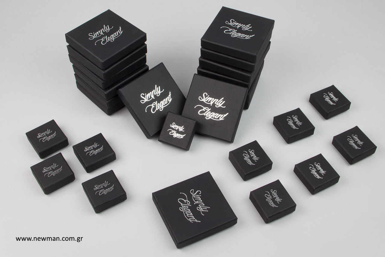 Silver hot-foil printing on rigid jewellery boxes.