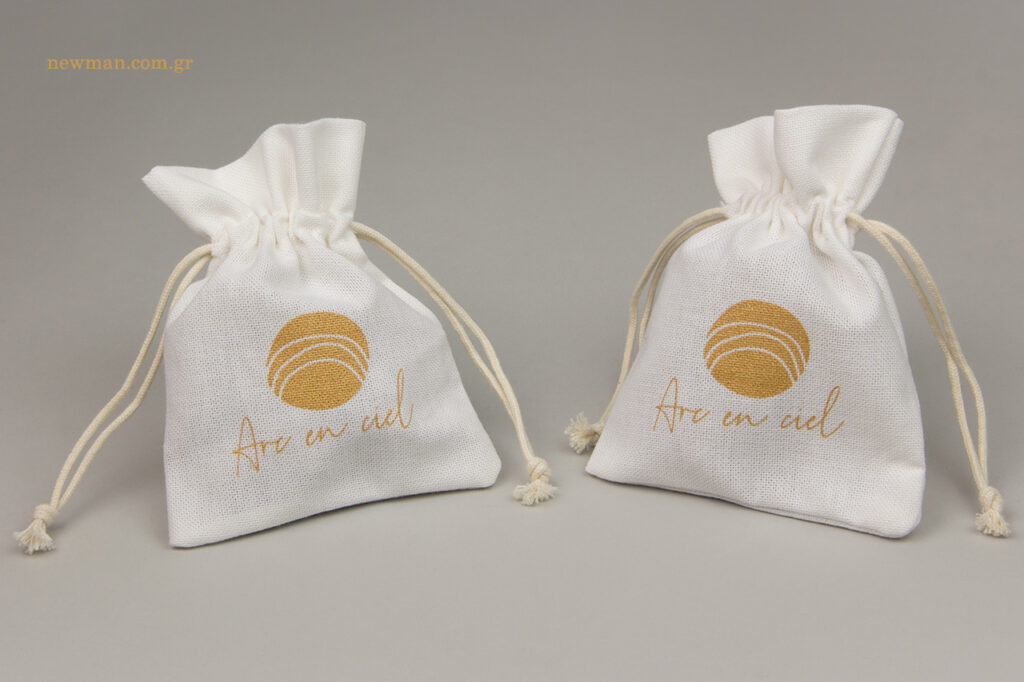 Arc En Ciel: Gold printing on cotton pouches.
