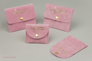 Ariadni’s Art Jewellery: Suede jewellery packaging with logo by NewMan.