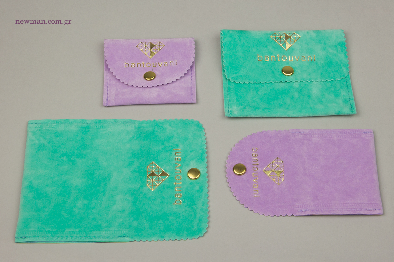 Gold hot-foil printing on branded jewellery pouches.