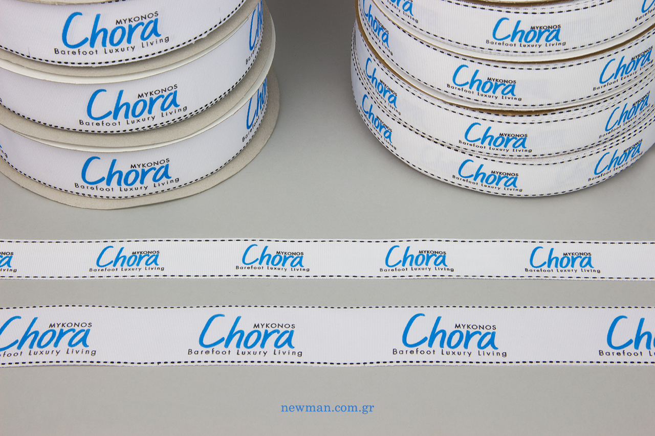 Two-color printing on stitched grosgrain ribbon.