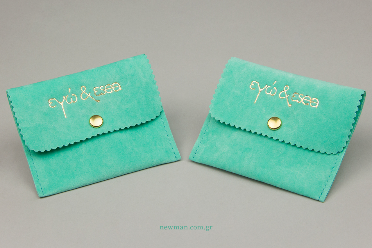 Suede jewellery pouches with logo printing.