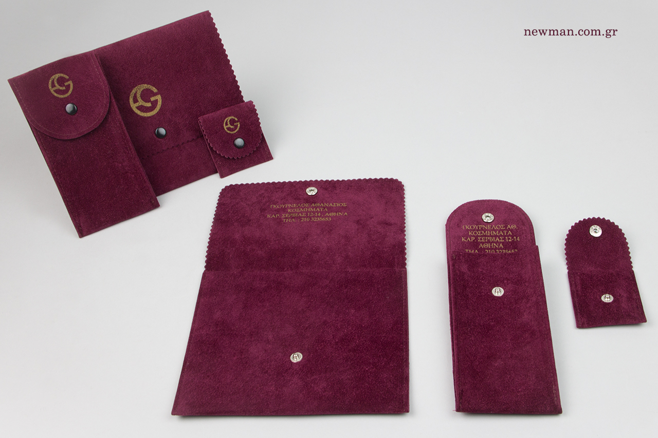 Double suede on printed jewellery pouches.