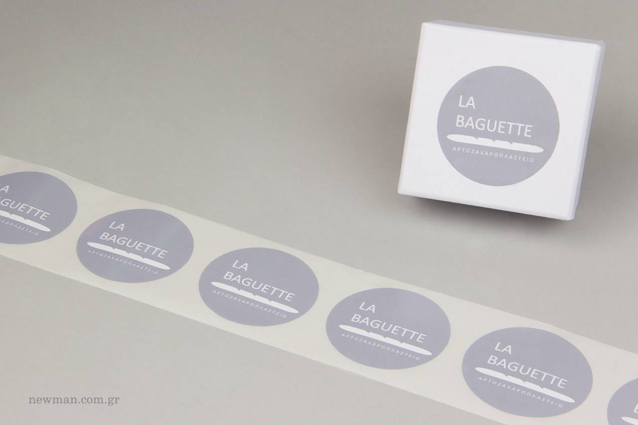 White hot-foil printing on sticky labels.