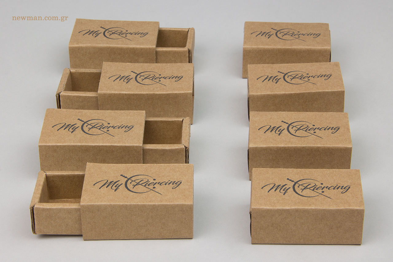 Packaging match-type boxes for jewellery with logo printing.